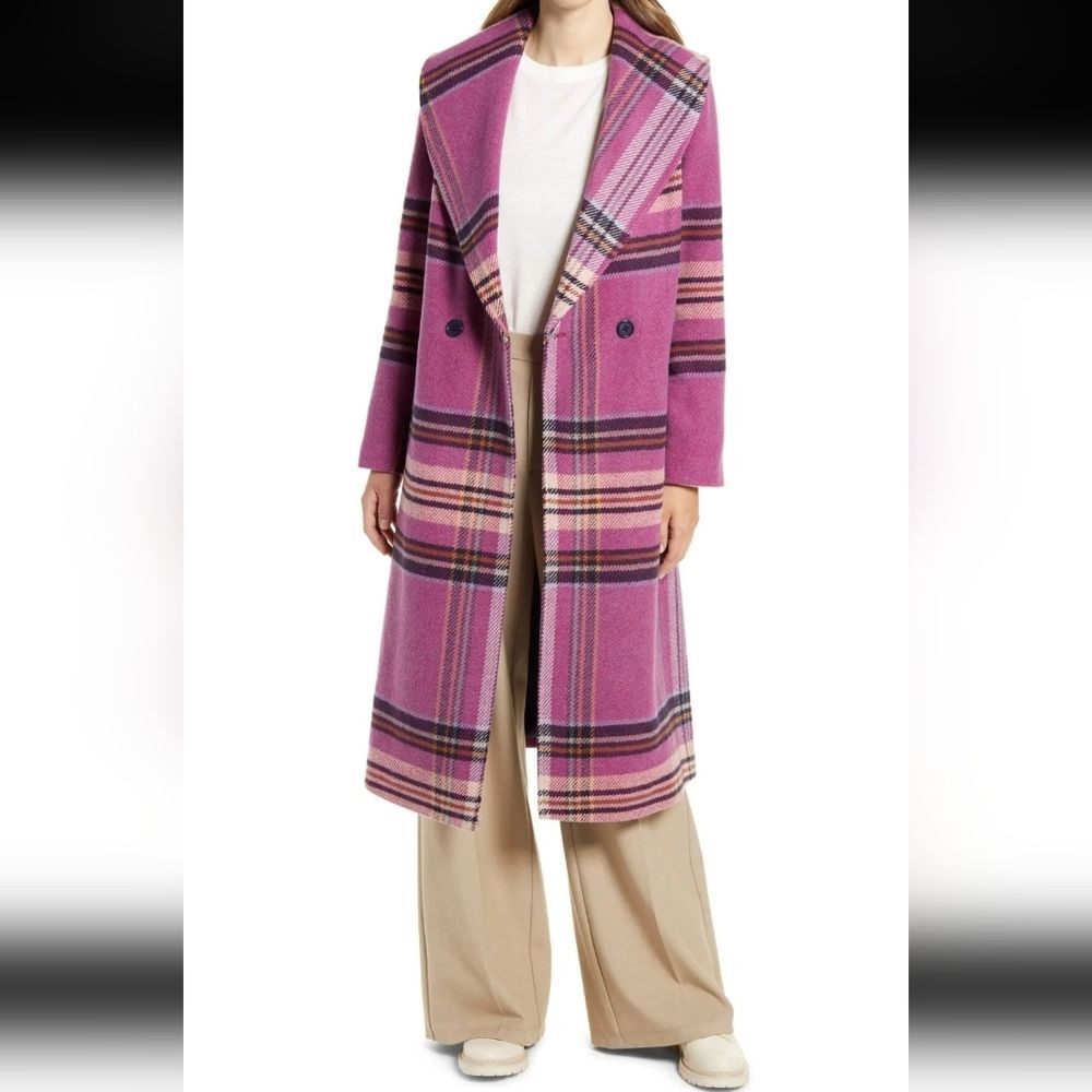 HALOGEN Shawl Collar Double Breas ted Plaid Long Coat Size M